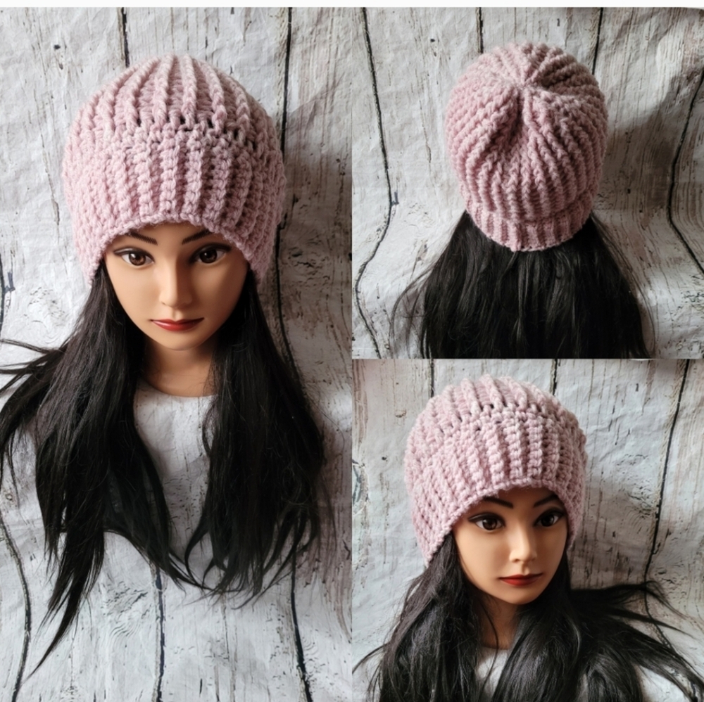 Pink Wool Crochet Beanie Hat